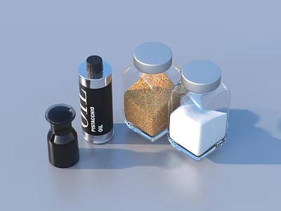 Cooking Condiment Bottles With Oil Salt And Spices In Glass Jars With Metal Lids 3d model