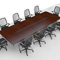Modern Wooden Conference Table Surrounded By Multiple Mesh Back Chairs On Wheels 3d model