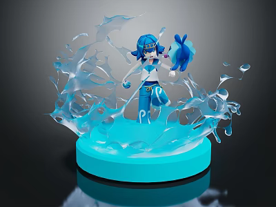 Blue Haired Game Character In Dynamic Pose With Water Splash Effects On Blue Base 3d model