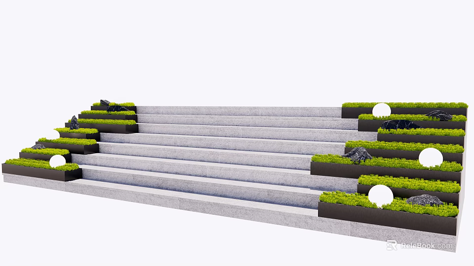 Modern Staircase With Gray Steps Green Grass Black Stones And Round White Balls 3d model 