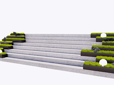 Modern Staircase With Gray Steps Green Grass Black Stones And Round White Balls 3d model