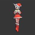 Game Anime Character In Red Christmas Costume With Cat Ears White Trim And Striped Stockings