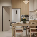 Modern Restaurant Dining Area With Wooden Table Chairs Marble Backsplash White Refrigerator And Pendant Light