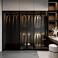Modern Walk-in Closet Interior With Mirror Cabinets Stool Rug And Window Blinds