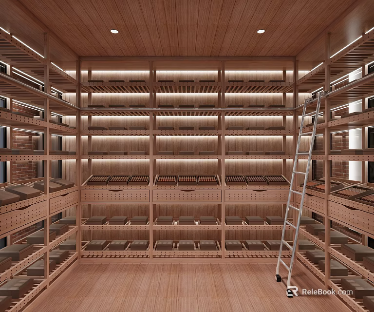 Wooden Wine Cellar Interior With Multiple Racks Lighting And Ladder Storage 3d model 