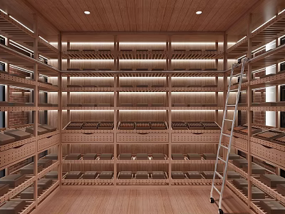 Wooden Wine Cellar Interior With Multiple Racks Lighting And Ladder Storage 3d model