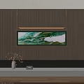 Abstract Painting With Green And White Fluid Strokes Hanging On Dark Vertical Striped Wall