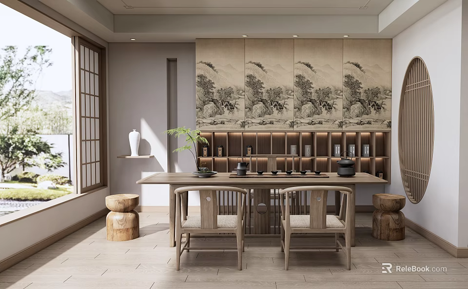 Traditional Tea Room Interior With Long Wooden Table Landscape Paintings Large Windows And Natural Scenery 3d model 