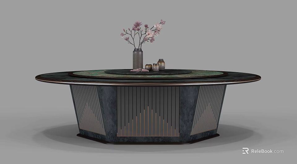 Round Modern Dining Table With Green Tabletop Geometric Legs And Pink Flower Vase 3d model 
