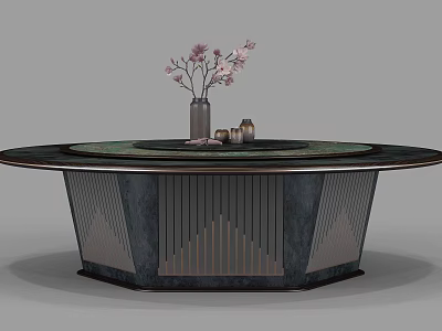 Round Modern Dining Table With Green Tabletop Geometric Legs And Pink Flower Vase 3d model