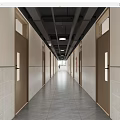 School Corridor Interior Design With Wooden Doors Wall Tiles Gray Floor And Ceiling Lights
