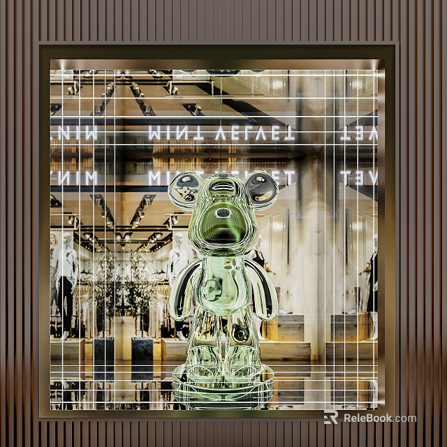 Shop Window Grid Frame Display With Green Transparent Cartoon Sculpture For NINI KAFEEL Clothing Store 3d model 