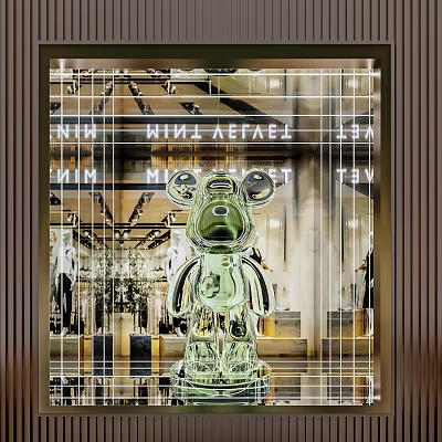 Shop Window Grid Frame Display With Green Transparent Cartoon Sculpture For NINI KAFEEL Clothing Store 3d model