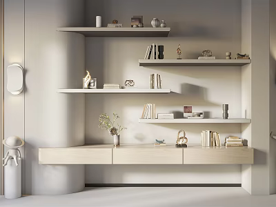 Modern Decorative Ornament Combination with Books Vases Small Statues on Shelves and Light Colored Cabinets 3d model