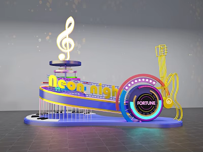 Neon Night Themed Decorative Installation With Music Note Guitar And Fortune Wheel 3d model