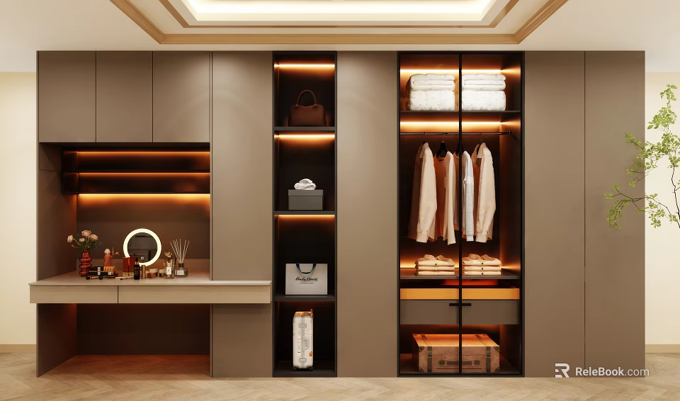 Modern Wardrobe With LED Lighting And Multi Compartment Storage Dressing Area 3d model 