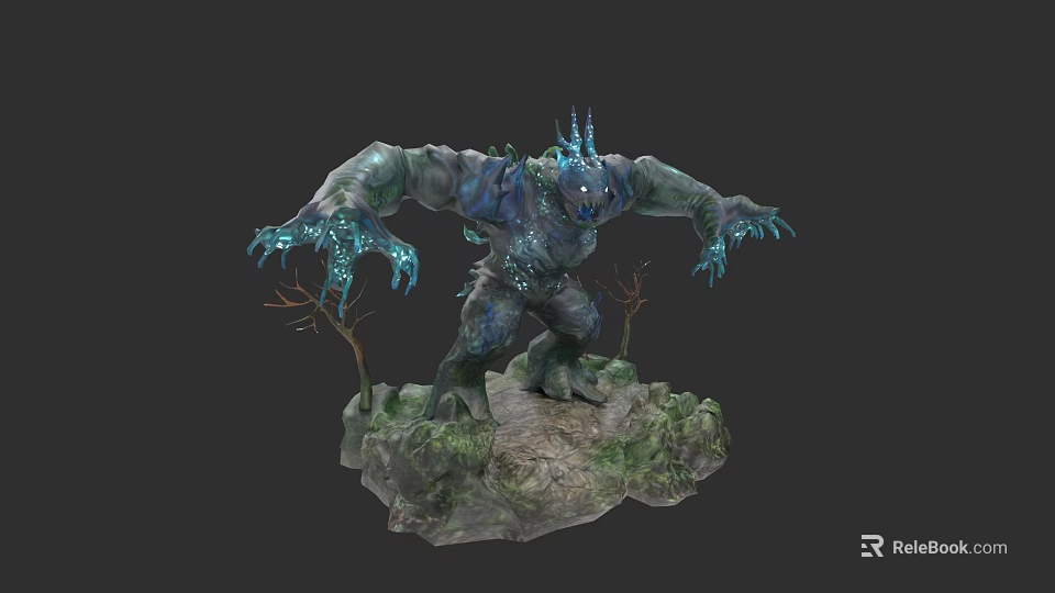 Blue Green Game Movie Character With Glowing Spikes Claws On Rock Base Small Trees 3d model 