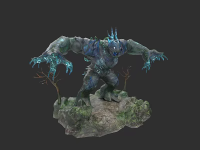 Blue Green Game Movie Character With Glowing Spikes Claws On Rock Base Small Trees 3d model