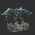 Blue Green Game Movie Character With Glowing Spikes Claws On Rock Base Small Trees