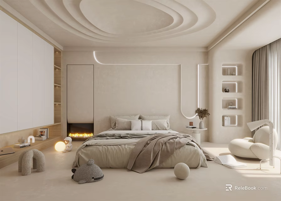 Modern Beige Bedroom Interior With Curved Ceiling Platform Bed Textured Rugs And Accent Chair 3d model 