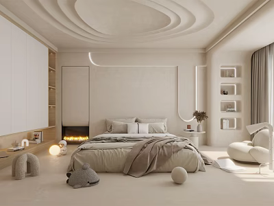 Modern Beige Bedroom Interior With Curved Ceiling Platform Bed Textured Rugs And Accent Chair 3d model