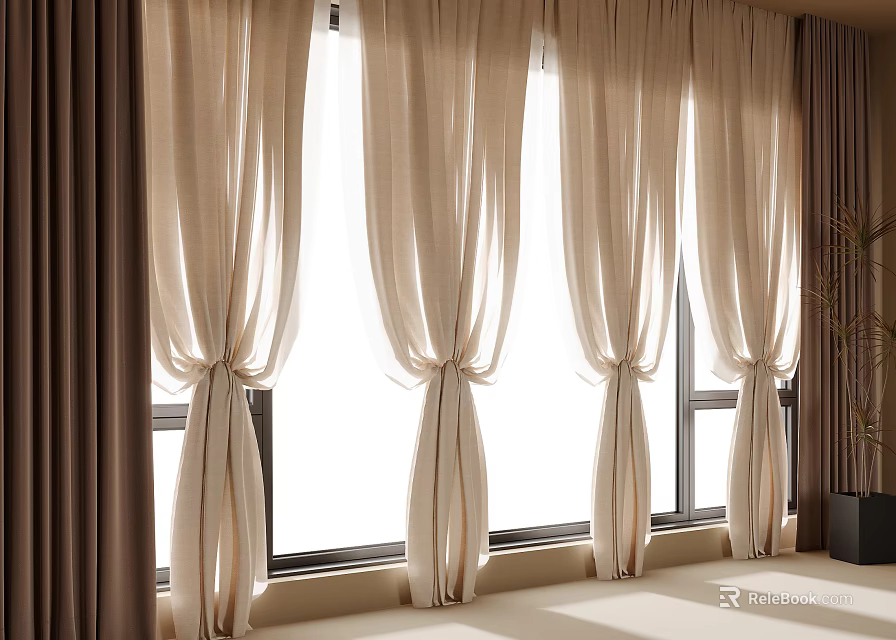 Beige and Dark Brown Curtains Tied at Windows With Natural Light in Indoor Space 3d model 