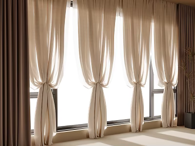 Beige and Dark Brown Curtains Tied at Windows With Natural Light in Indoor Space 3d model