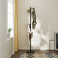 Elegant Metal Coat Rack With Plaid Scarf Handbag Near Window Curtain Potted Plant