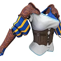 Fantasy Role Costume With Creature Inspired Shoulder Decorations Blue Yellow Striped Sleeves And Brown Corset