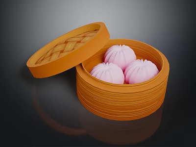 Three Soft Pink Steamed Buns in Open Bamboo Steamer with Lid 3d model