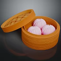 Three Soft Pink Steamed Buns in Open Bamboo Steamer with Lid