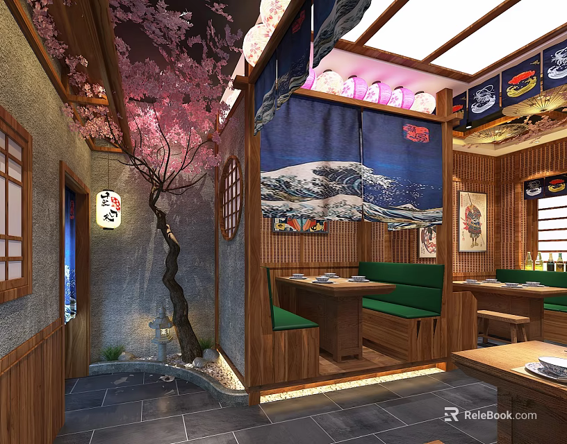 Traditional Japanese Restaurant Interior Featuring Cherry Blossom Tree Wooden Decor And Green Seats 3d model 