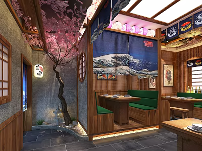 Traditional Japanese Restaurant Interior Featuring Cherry Blossom Tree Wooden Decor And Green Seats 3d model