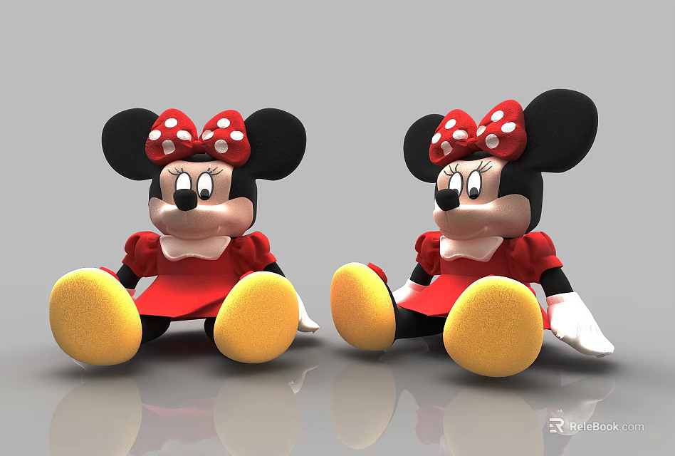 Cute Minnie Mouse Plush Dolls with Red Dress and Polka Dot Bows Sitting Pose 3d model 