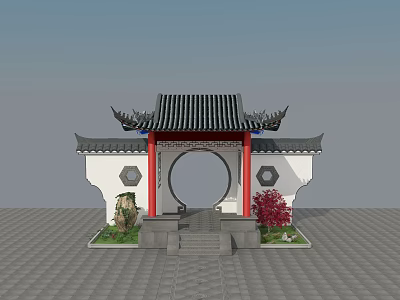 Chinese Style Entrance Gate With Overhanging Eaves Circular Archway Red Pillars And White Walls 3d model