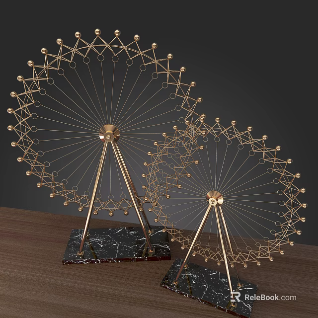 Golden Ferris Wheel Design Decorative Ornament Set With Black Marble Base On Wooden Tabletop 3d model 