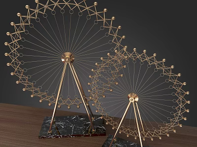 Golden Ferris Wheel Design Decorative Ornament Set With Black Marble Base On Wooden Tabletop 3d model