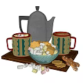 Electric Kettle As Daily Use Appliance With Knitted Mugs Marshmallows Cookies On Wooden Tray