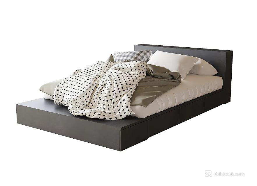 Stylish Black Single Bed With Headboard Patterned Quilt And Light Colored Pillows 3d model