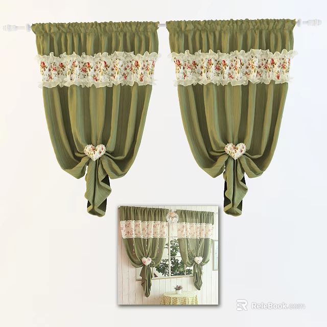 Green Curtains with Floral Lace Trim and Heart Shaped Bow for Elegant Home Window Decoration 3d model 