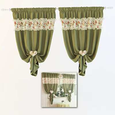 Green Curtains with Floral Lace Trim and Heart Shaped Bow for Elegant Home Window Decoration 3d model