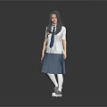 Woman In School Uniform White Shirt Blue Tie Pleated Skirt And Sneakers