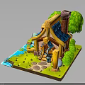 Cute Cartoon House Exterior With Blue Roof Chimney Small Stream Green Grass Trees And Bushes