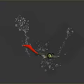 Green Aquatic Creature With Red Tail And Yellow Eyes Swimming In Dark Underwater With Bubbles