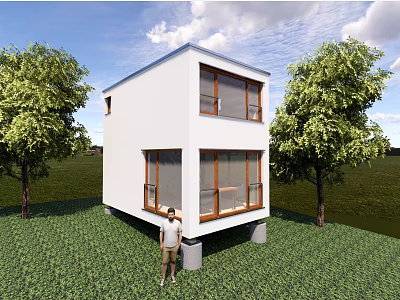 Two Story White Detached House With Large Windows Green Lawn And Trees 3d model