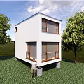Two Story White Detached House With Large Windows Green Lawn And Trees