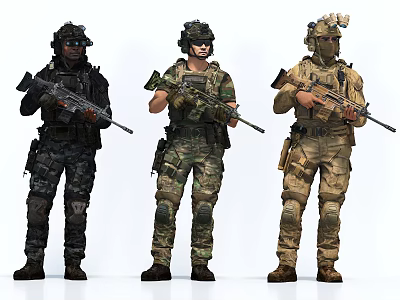 Game Movie Military Characters in Different Camouflage Uniforms with Tactical Gear Holding Rifles 3d model