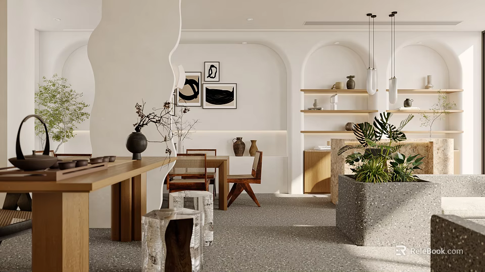 Modern Elegant Hotel Lobby With Curved Arches Wooden Furniture Green Plants Bookshelves And Art Decorations 3d model 