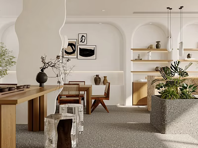 Modern Elegant Hotel Lobby With Curved Arches Wooden Furniture Green Plants Bookshelves And Art Decorations 3d model