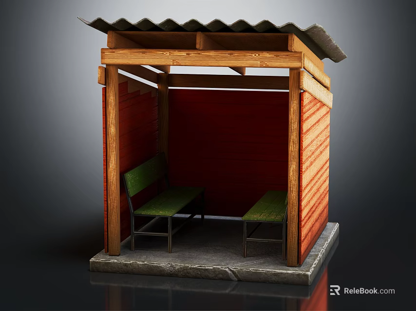 Wooden Shelter With Corrugated Roof Green Benches Red Walls And Stone Base 3d model 